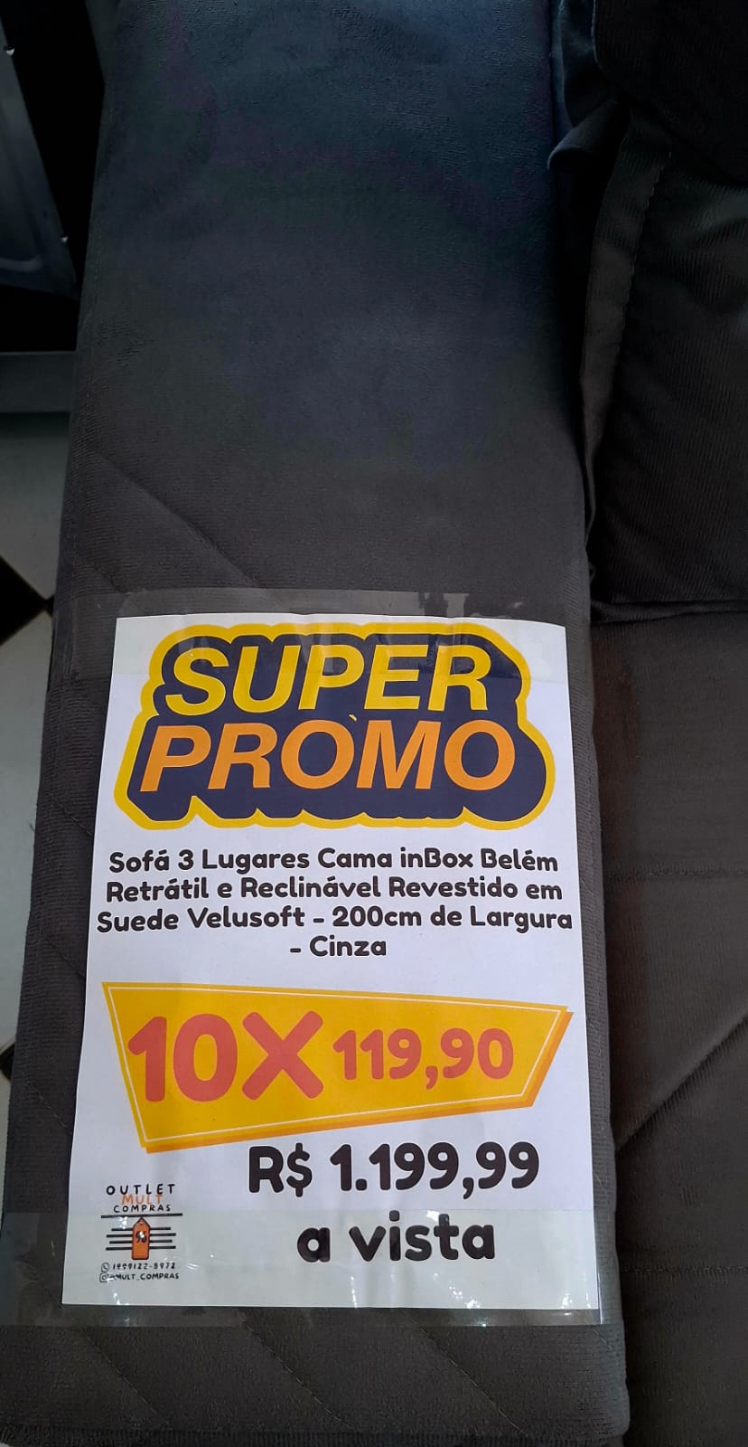 Sofá 3 Lugares Cama Inbox Belém Retrátil Reclinável Suede Velusoft 200cm Cinza